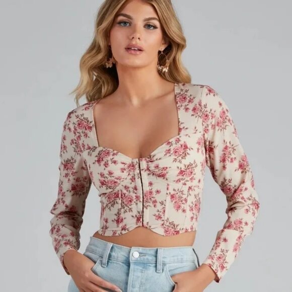 Windsor Tops - Windsor Thin Cropped Pink Roses Corset Top With Bra Cups Front Hooks Small